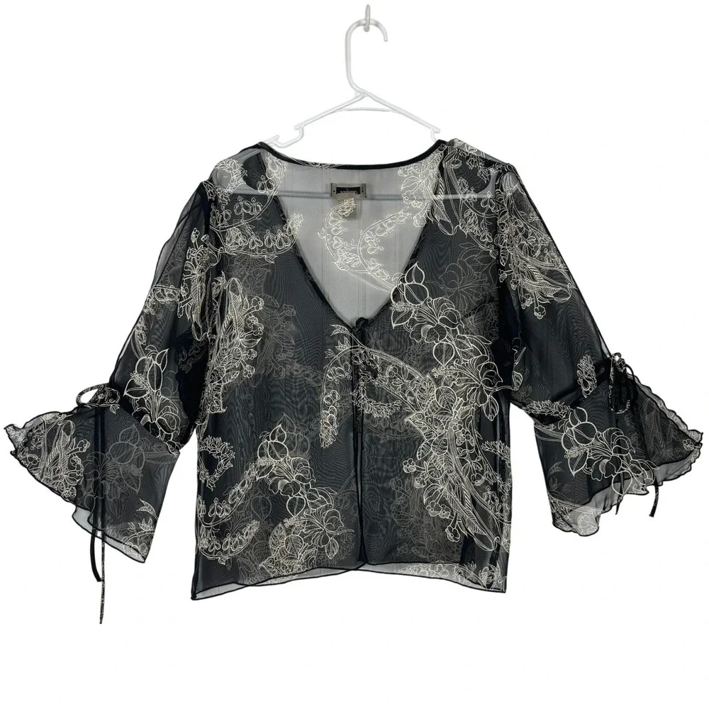 Floral Sheer Mesh Cardigan Black Tie Front Boho Fairycore Feminine Women Size 14